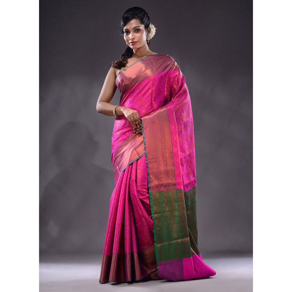 CHARUKRITI Shocking Pink Handwoven Brocade Silk Saree With Unstitched Blouse