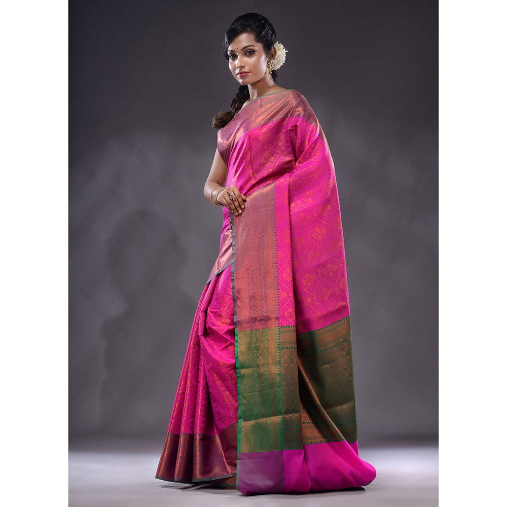 CHARUKRITI Shocking Pink Handwoven Brocade Silk Saree With Unstitched Blouse