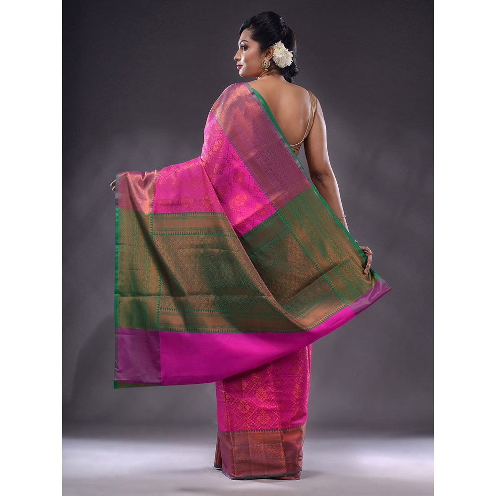 CHARUKRITI Shocking Pink Handwoven Brocade Silk Saree With Unstitched Blouse