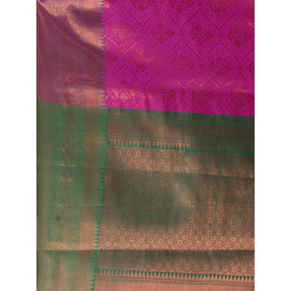 CHARUKRITI Shocking Pink Handwoven Brocade Silk Saree With Unstitched Blouse