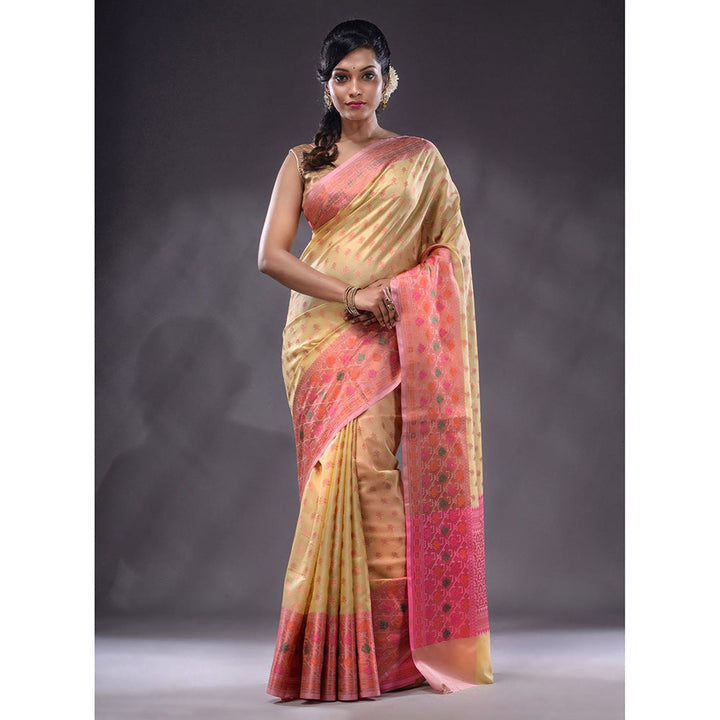 CHARUKRITI Beige Handwoven Banarasi Silk Saree With Unstitched Blouse