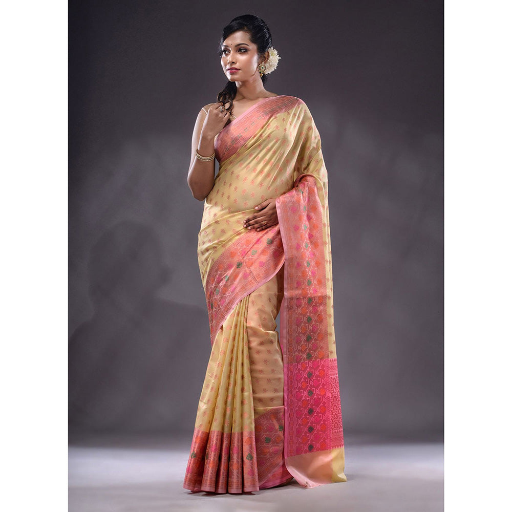 CHARUKRITI Beige Handwoven Banarasi Silk Saree With Unstitched Blouse