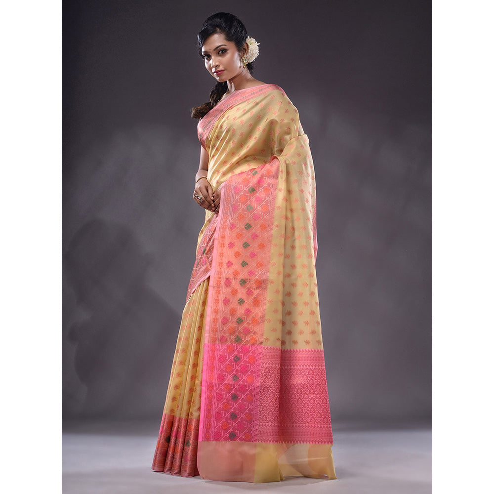 CHARUKRITI Beige Handwoven Banarasi Silk Saree With Unstitched Blouse