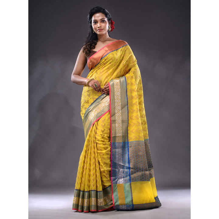 CHARUKRITI Yellow Cotton Blend Handwoven Saree With Unstitched Blouse