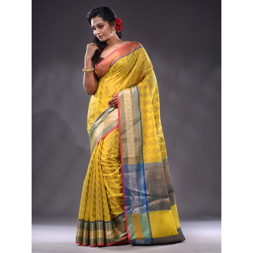 CHARUKRITI Yellow Cotton Blend Handwoven Saree With Unstitched Blouse