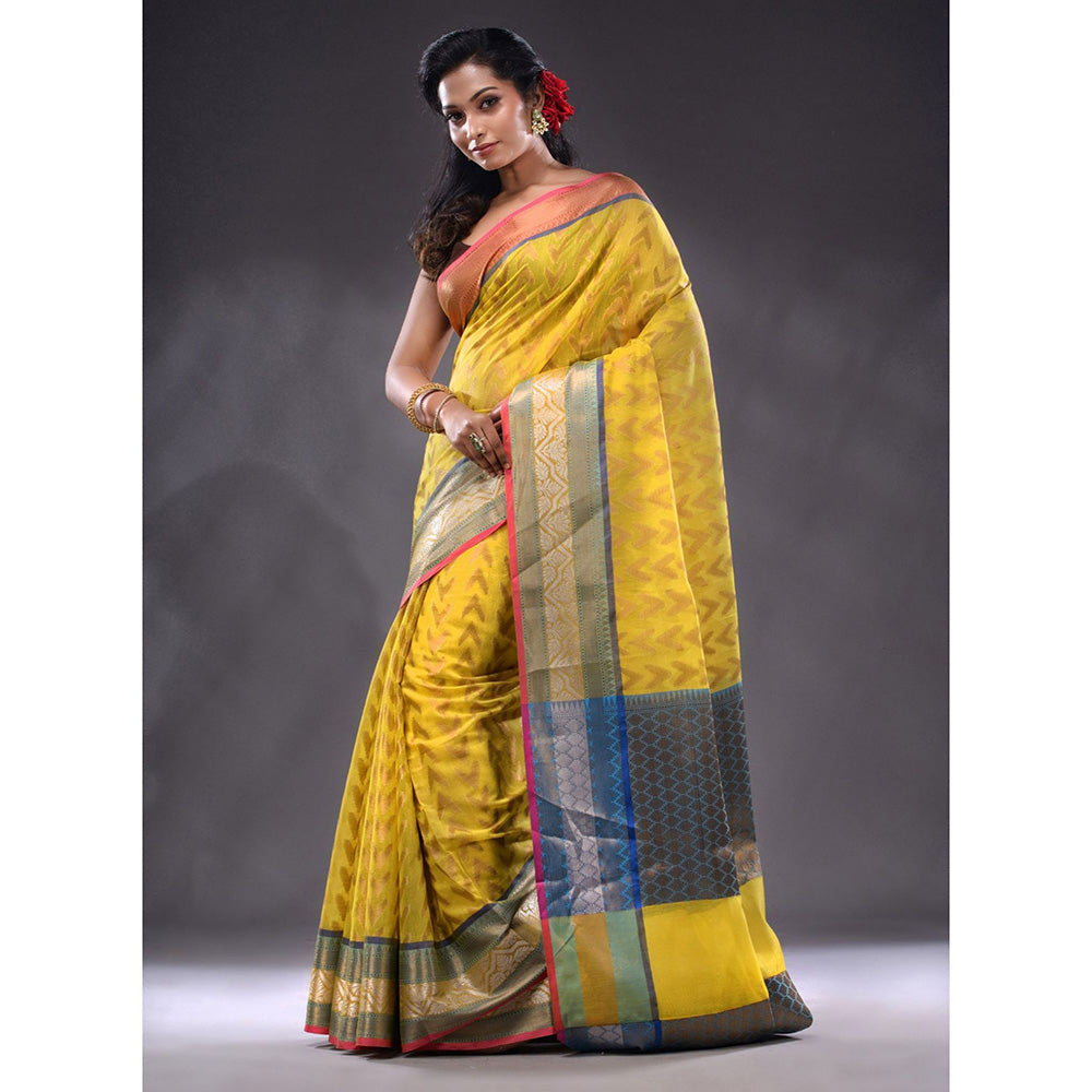 CHARUKRITI Yellow Cotton Blend Handwoven Saree With Unstitched Blouse