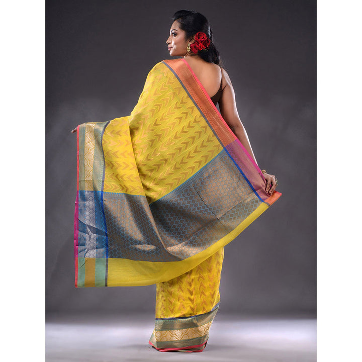 CHARUKRITI Yellow Cotton Blend Handwoven Saree With Unstitched Blouse