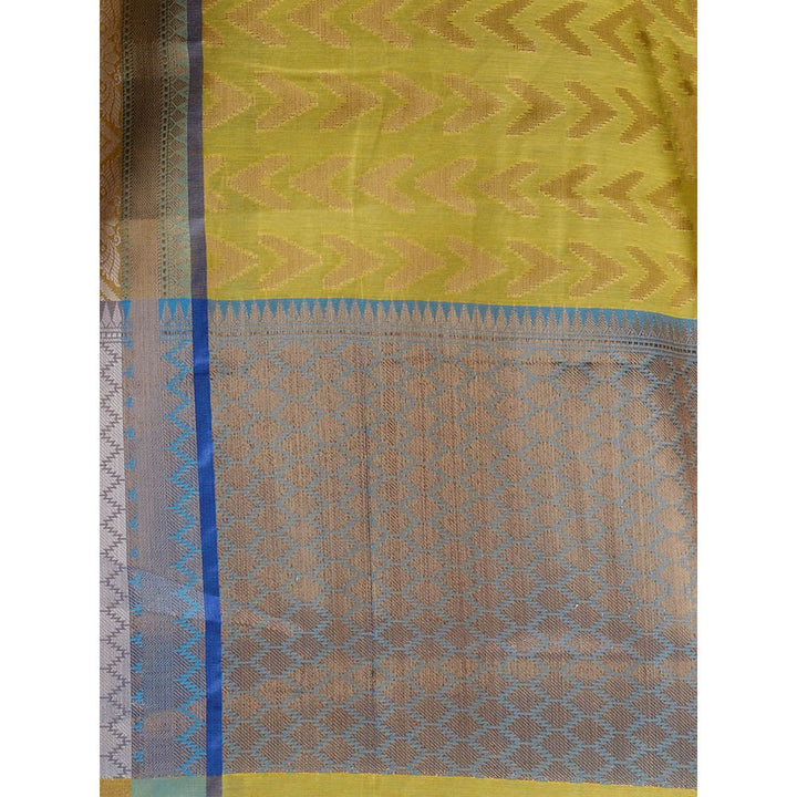 CHARUKRITI Yellow Cotton Blend Handwoven Saree With Unstitched Blouse