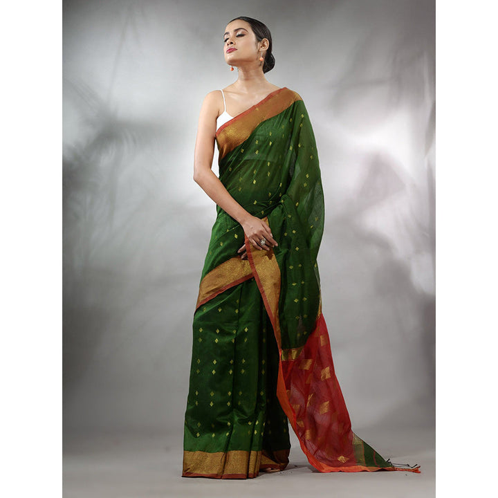 CHARUKRITI Green Handwoven Cotton Silk Saree with Geometric Designs & Unstitched Blouse