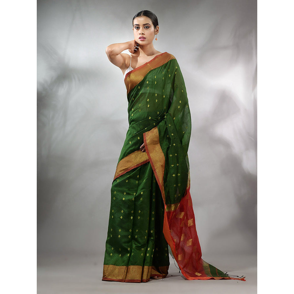 CHARUKRITI Green Handwoven Cotton Silk Saree with Geometric Designs & Unstitched Blouse