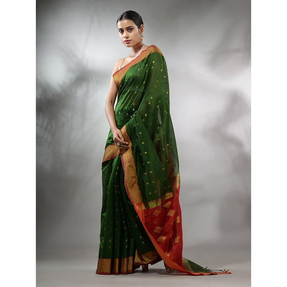 CHARUKRITI Green Handwoven Cotton Silk Saree with Geometric Designs & Unstitched Blouse