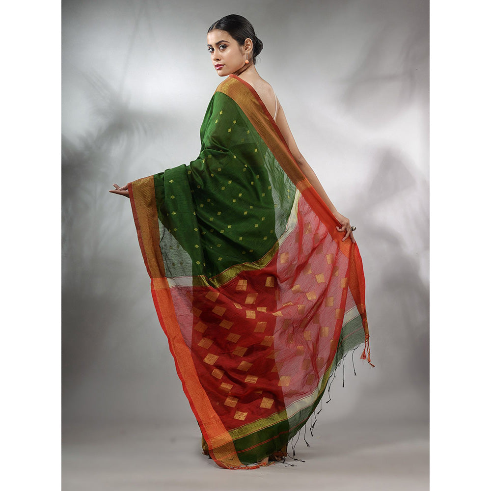 CHARUKRITI Green Handwoven Cotton Silk Saree with Geometric Designs & Unstitched Blouse