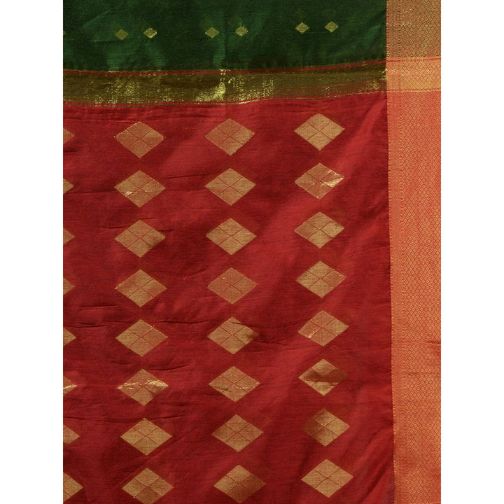 CHARUKRITI Green Handwoven Cotton Silk Saree with Geometric Designs & Unstitched Blouse