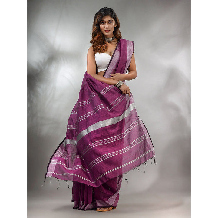 CHARUKRITI Purple Cotton Silk Handwoven Saree with Zari Woven Stripes Pallu & Unstitched Blouse