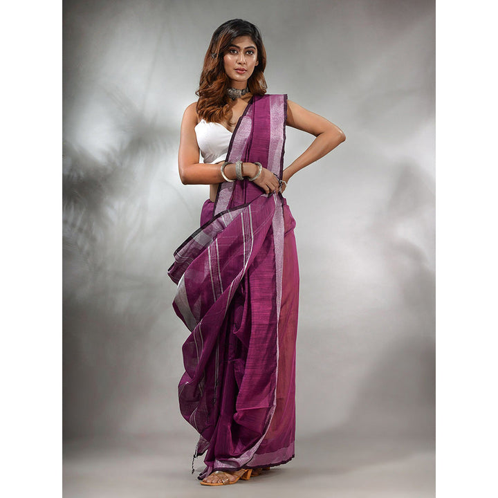 CHARUKRITI Purple Cotton Silk Handwoven Saree with Zari Woven Stripes Pallu & Unstitched Blouse