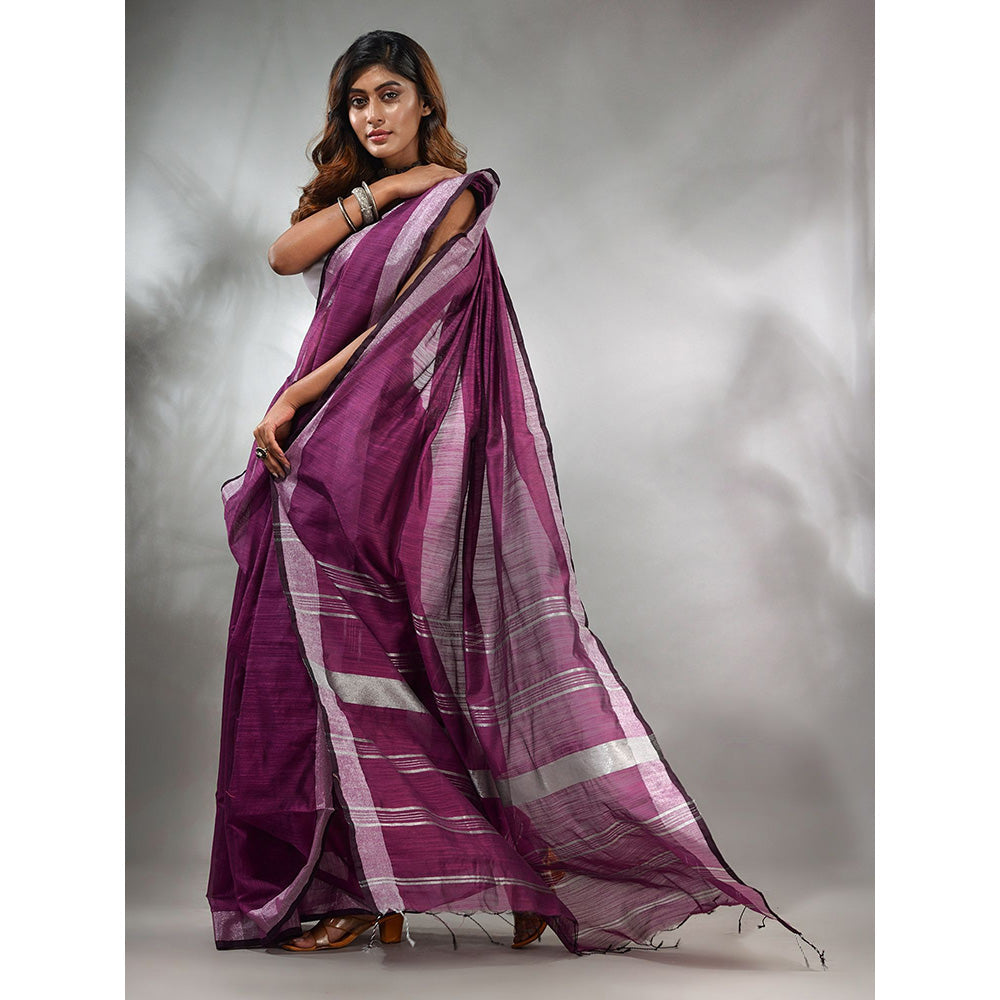 CHARUKRITI Purple Cotton Silk Handwoven Saree with Zari Woven Stripes Pallu & Unstitched Blouse