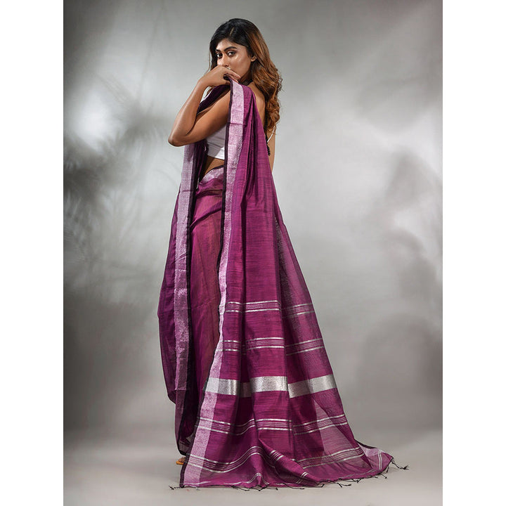 CHARUKRITI Purple Cotton Silk Handwoven Saree with Zari Woven Stripes Pallu & Unstitched Blouse