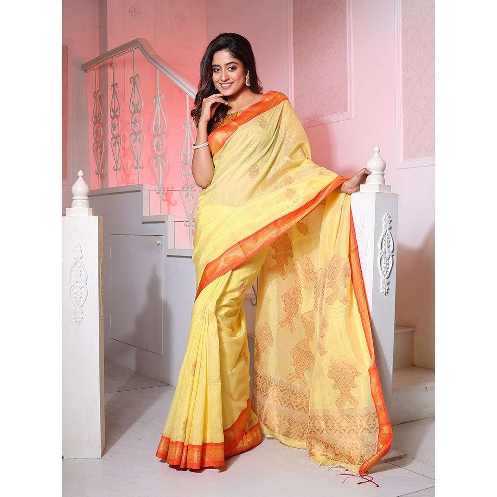 CHARUKRITI Light Yellow Silk Matka Handwoven Saree with Fish Motifs with Unstitched Blouse