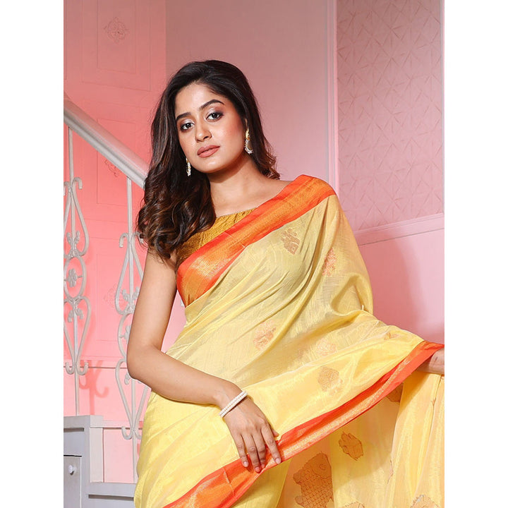 CHARUKRITI Light Yellow Silk Matka Handwoven Saree with Fish Motifs with Unstitched Blouse