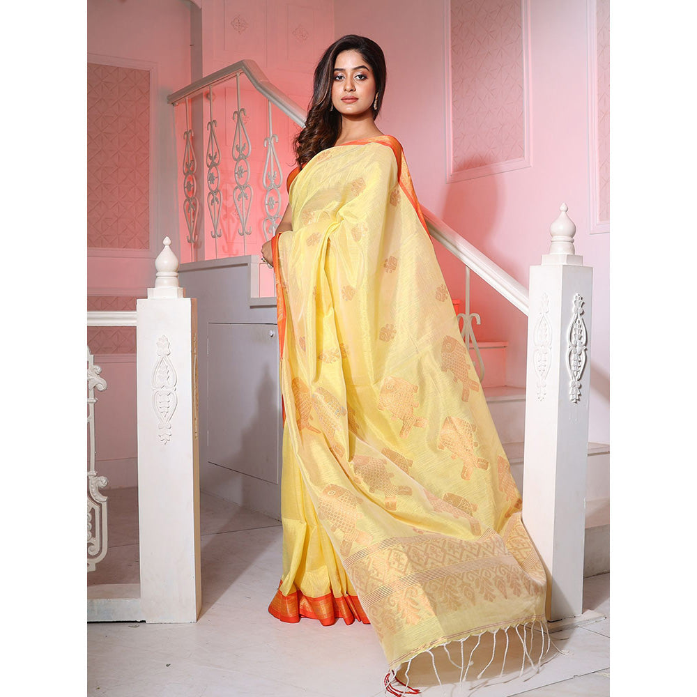 CHARUKRITI Light Yellow Silk Matka Handwoven Saree with Fish Motifs with Unstitched Blouse