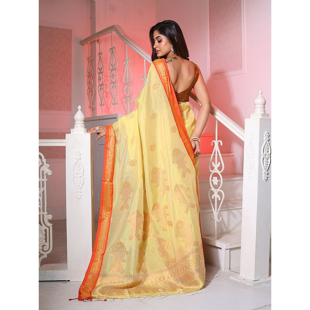 CHARUKRITI Light Yellow Silk Matka Handwoven Saree with Fish Motifs with Unstitched Blouse