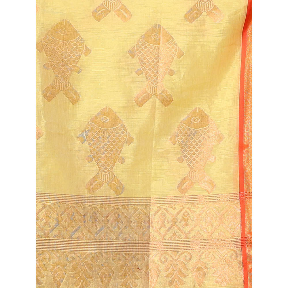 CHARUKRITI Light Yellow Silk Matka Handwoven Saree with Fish Motifs with Unstitched Blouse