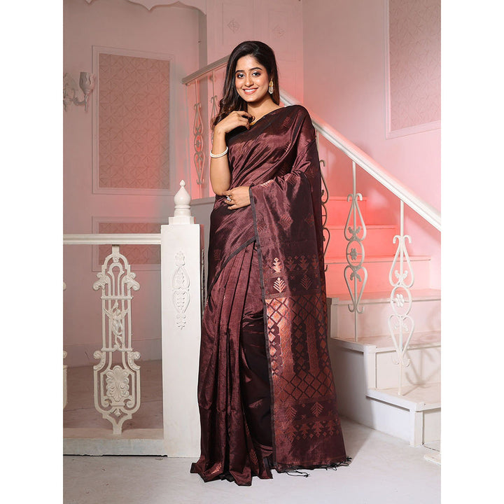 CHARUKRITI Brown Silk Matka Handwoven Saree with Texture Designs with Unstitched Blouse