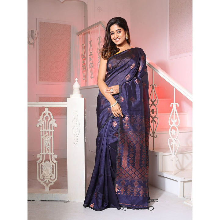 CHARUKRITI Navy Blue Silk Matka Handwoven Saree with Texture Designs with Unstitched Blouse