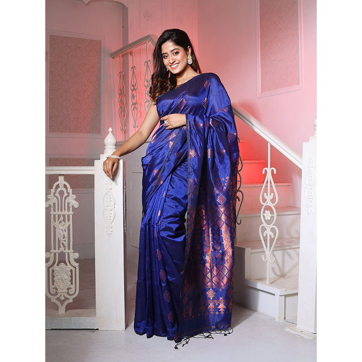 CHARUKRITI Royal Blue Silk Matka Handwoven Saree with Texture Designs with Unstitched Blouse