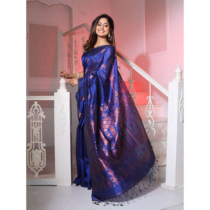 CHARUKRITI Royal Blue Silk Matka Handwoven Saree with Texture Designs with Unstitched Blouse