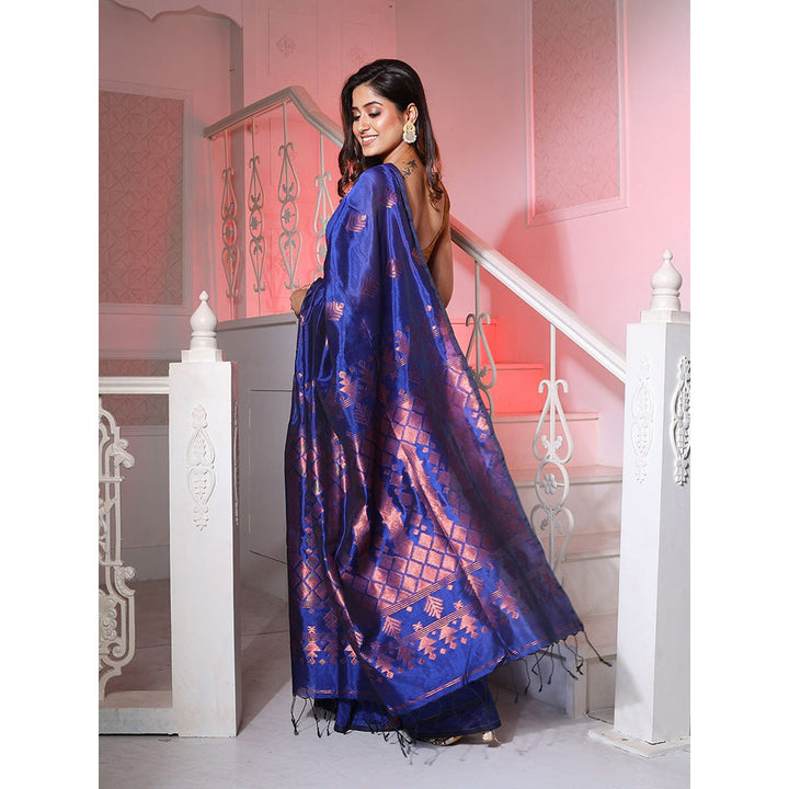 CHARUKRITI Royal Blue Silk Matka Handwoven Saree with Texture Designs with Unstitched Blouse