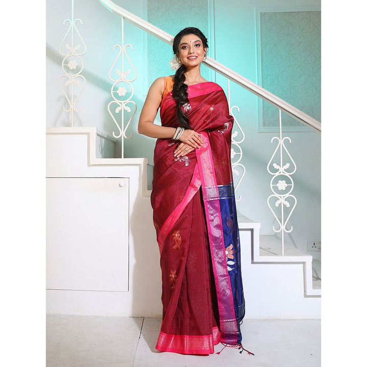 CHARUKRITI Dark Red Silk Matka Saree with Motifs and Contrast Pallu with Unstitched Blouse