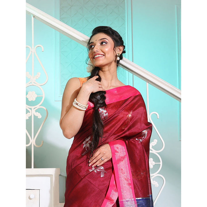 CHARUKRITI Dark Red Silk Matka Saree with Motifs and Contrast Pallu with Unstitched Blouse