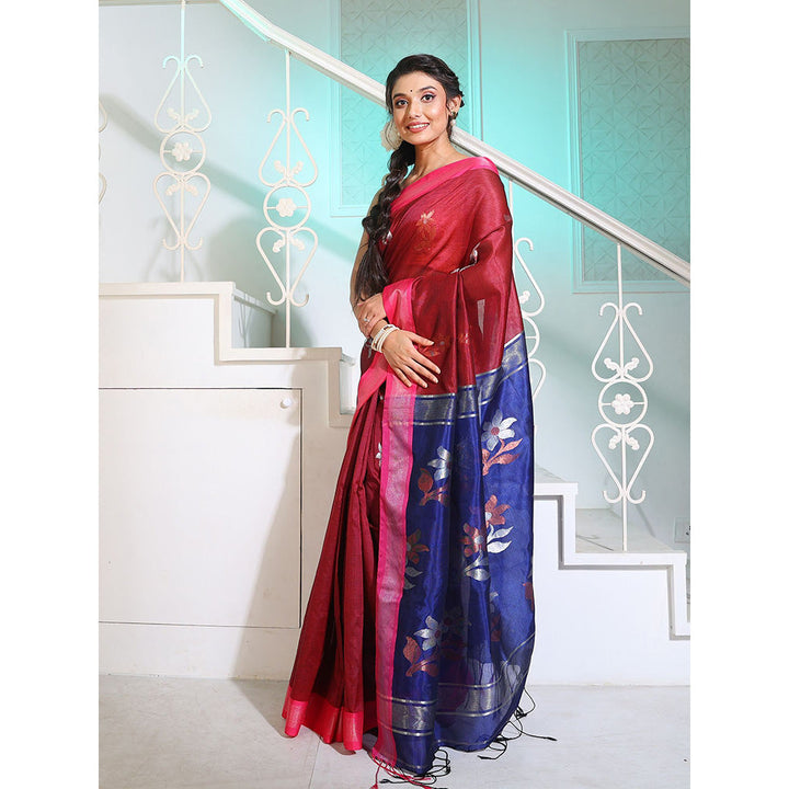 CHARUKRITI Dark Red Silk Matka Saree with Motifs and Contrast Pallu with Unstitched Blouse