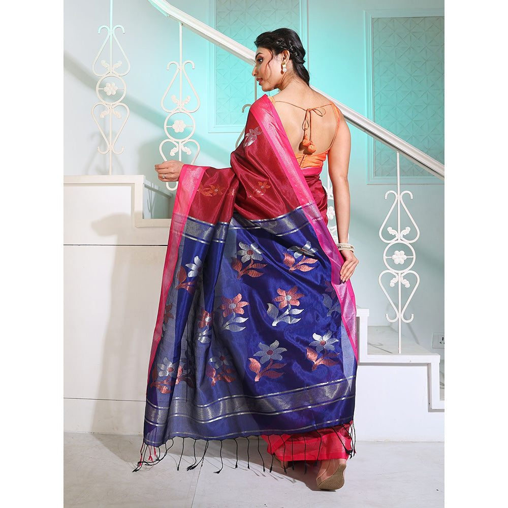 CHARUKRITI Dark Red Silk Matka Saree with Motifs and Contrast Pallu with Unstitched Blouse