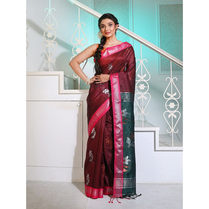 CHARUKRITI Maroon Silk Matka Saree with Motifs and Contrast Pallu with Unstitched Blouse