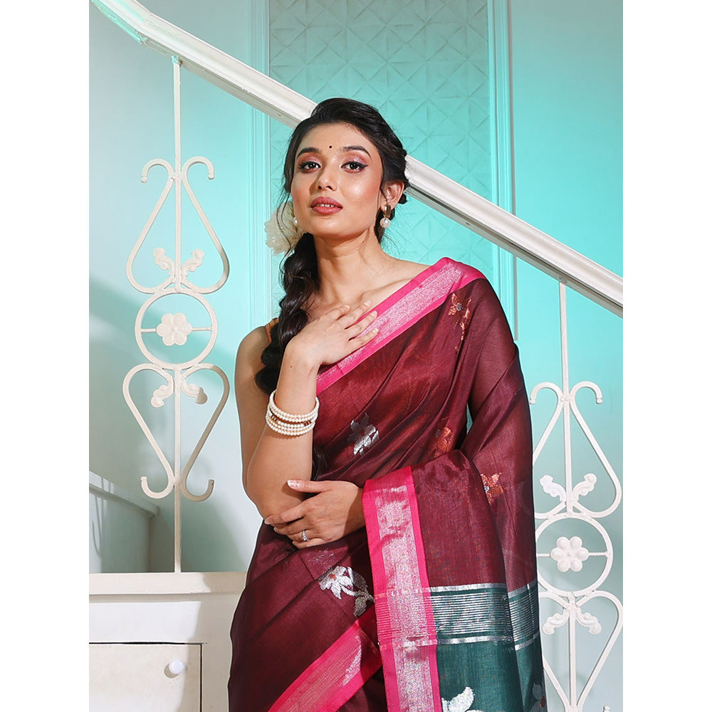 CHARUKRITI Maroon Silk Matka Saree with Motifs and Contrast Pallu with Unstitched Blouse