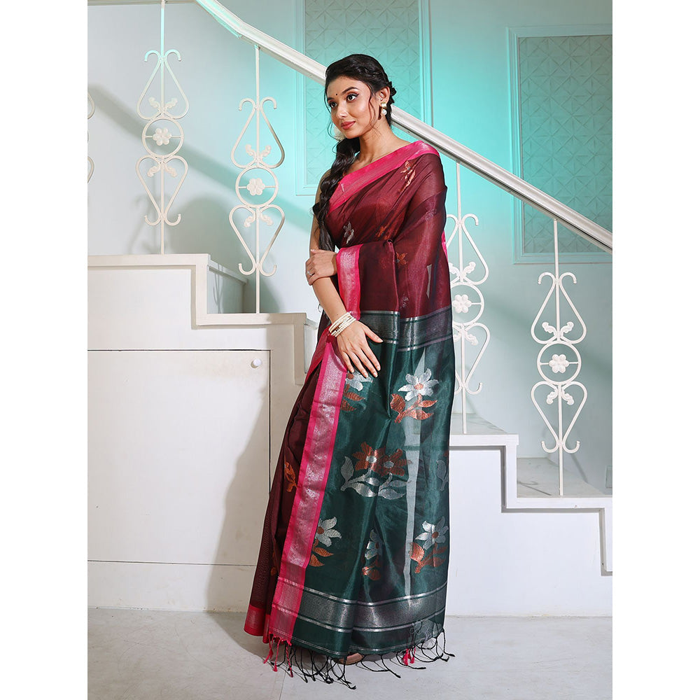 CHARUKRITI Maroon Silk Matka Saree with Motifs and Contrast Pallu with Unstitched Blouse