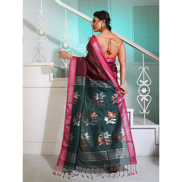 CHARUKRITI Maroon Silk Matka Saree with Motifs and Contrast Pallu with Unstitched Blouse