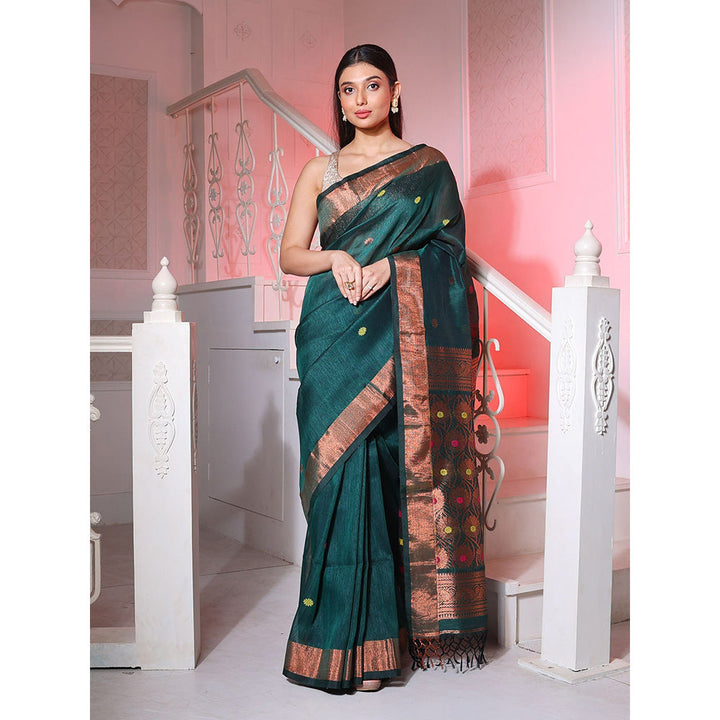 CHARUKRITI Bottle Green Linen Handwoven Saree with Floral Buttas and Pallu with Unstitched Blouse