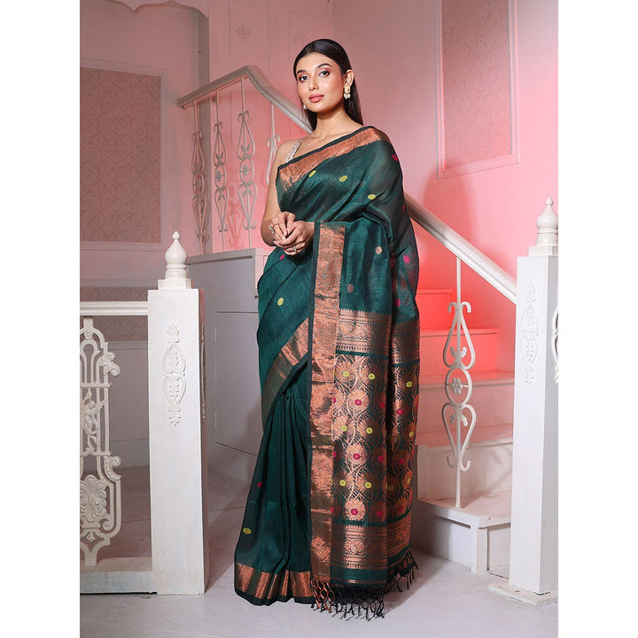 CHARUKRITI Bottle Green Linen Handwoven Saree with Floral Buttas and Pallu with Unstitched Blouse