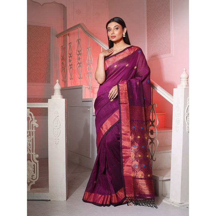 CHARUKRITI Purple Linen Handwoven Saree with Floral Buttas and Pallu with Unstitched Blouse