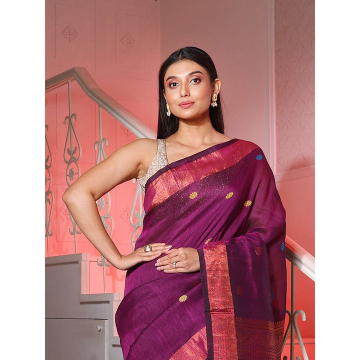 CHARUKRITI Purple Linen Handwoven Saree with Floral Buttas and Pallu with Unstitched Blouse