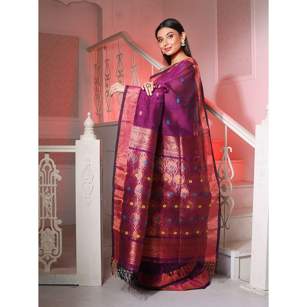 CHARUKRITI Purple Linen Handwoven Saree with Floral Buttas and Pallu with Unstitched Blouse