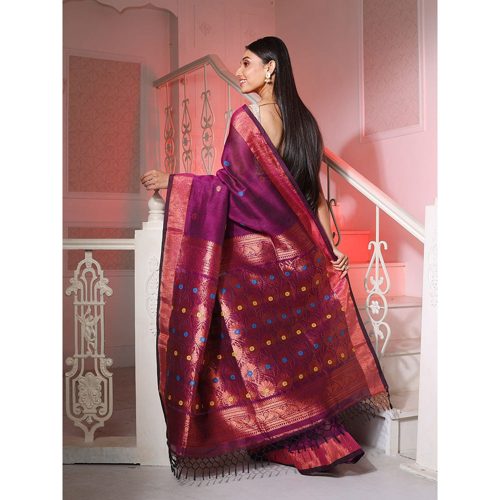 CHARUKRITI Purple Linen Handwoven Saree with Floral Buttas and Pallu with Unstitched Blouse