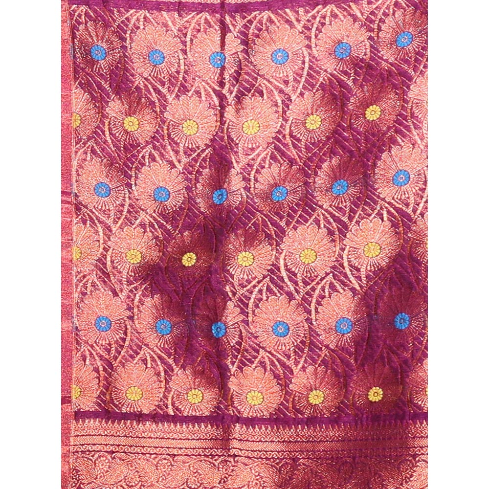 CHARUKRITI Purple Linen Handwoven Saree with Floral Buttas and Pallu with Unstitched Blouse