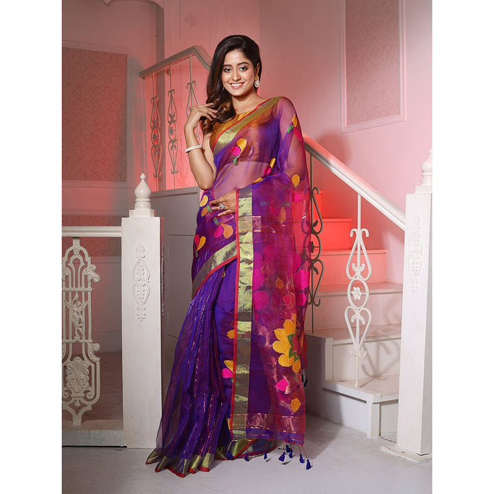 CHARUKRITI Purple Muslin Handwoven Saree with Woven Motifs and Zari Borders with Unstitched Blouse