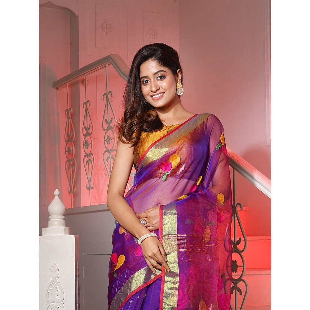 CHARUKRITI Purple Muslin Handwoven Saree with Woven Motifs and Zari Borders with Unstitched Blouse