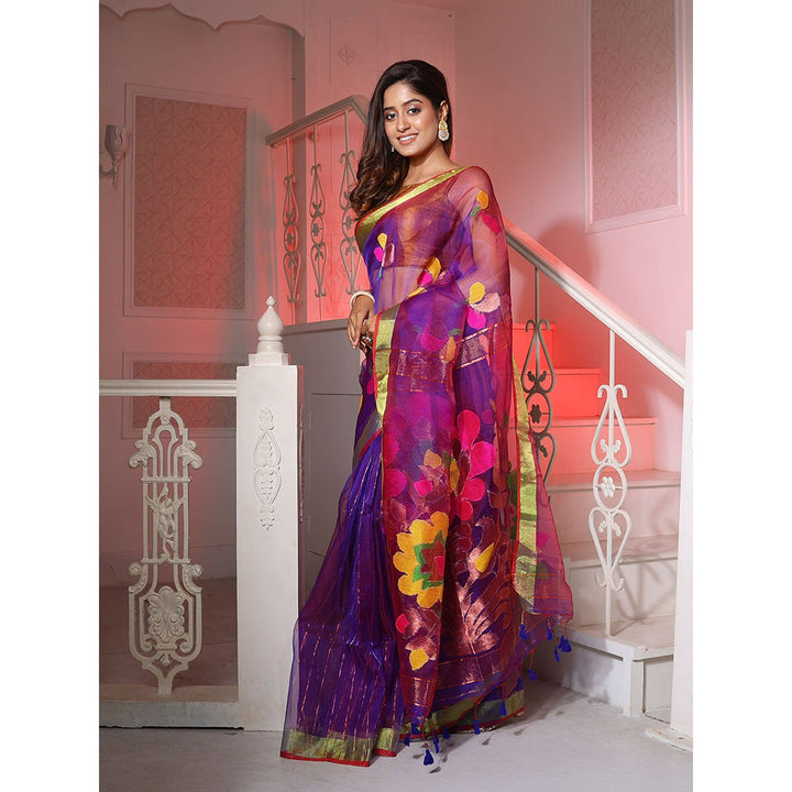 CHARUKRITI Purple Muslin Handwoven Saree with Woven Motifs and Zari Borders with Unstitched Blouse