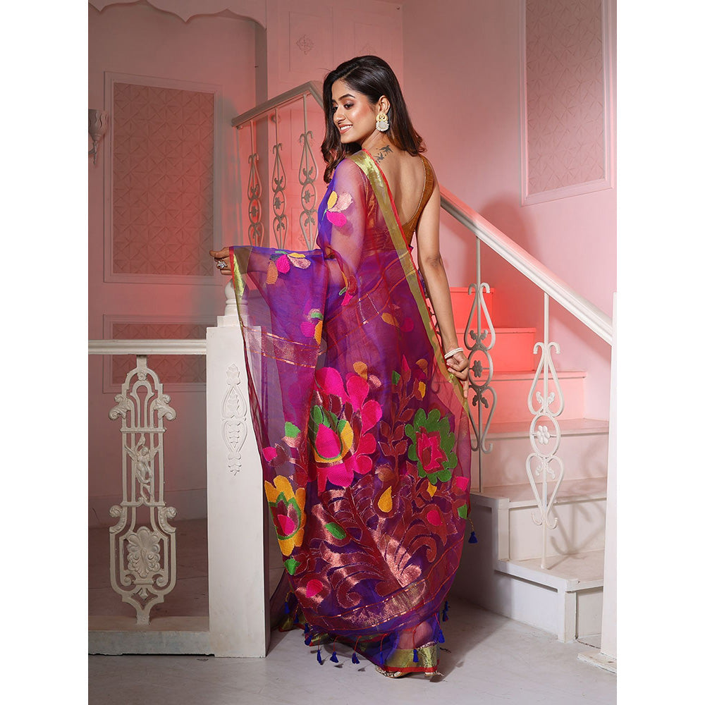 CHARUKRITI Purple Muslin Handwoven Saree with Woven Motifs and Zari Borders with Unstitched Blouse